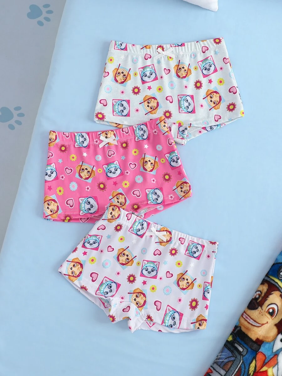 SHEIN | PAW Patrol 3件組少女卡通印花蝴蝶結裝飾四角短褲 - 粉色 - 查看 1