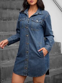 SHEIN Tall Women's Long Sleeve Collared Denim Shirt Dress, Front Button Closure, Patch Pockets, Curved Hem, Casual Denim Mini Skirt - Dark Wash - View 3