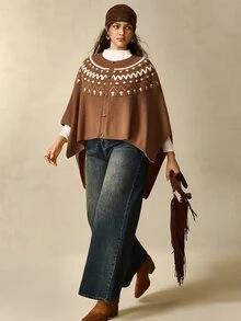 Nubod Plus Size Vintage Geometric Jacquard Loose Cape Knit Sweater - Camel - View 5