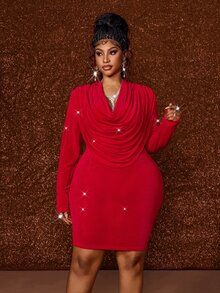 Maweii Plus Size Fitted Ruched Long Sleeve Bodycon Dress For Evening Party Cocktail Fall Red Elegant Sexy - Red - View 2
