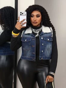 Slaydiva Plus Size Fashion Faux Fur Patchwork Collar Button Denim Vest Jacket - Blue - View 1