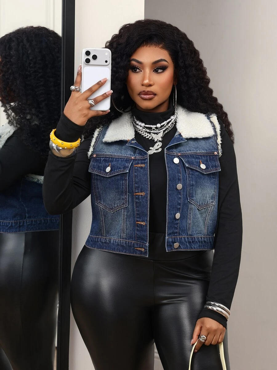 Slaydiva Plus Size Fashion Faux Fur Patchwork Collar Button Denim Vest Jacket - Blue - View 1
