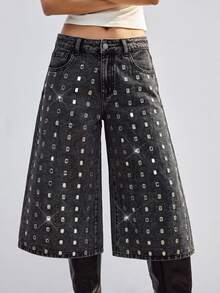 Maija Celana Jeans Denim Wanita Model Potongan Pendek dengan Saku dan Hiasan Rhinestone - Grey - View 3