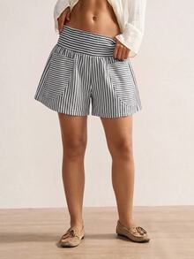 Bohemela Women's Striped Pocket Design Loose Casual Shorts - Black and White - View 5