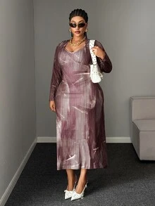 Maweii Plus Size Sexy V-Neck Fitted Print Long Sleeve Women's Dress - Brown - View 3