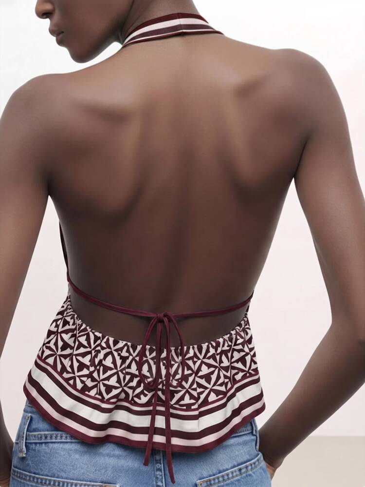 CAJUNI Women's Geometric Striped Deep V-Neck Sexy Halter Top - Burgundy - View 2