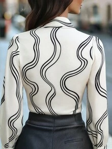 Penseblé Blus Elegan Lengan Panjang Motif Gelombang Hitam Putih Gaya Prancis LilyWest-D - Putih - View 2