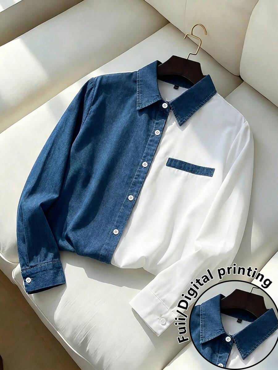 GlowEve CURVE Kemeja Wanita Ukuran Besar Motif Denim Patchwork Biru & Putih Elegan Kasual untuk Perjalanan Musim Gugur - Putih - View 1