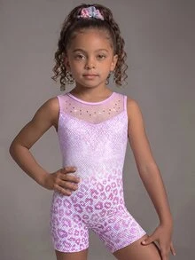 女童運動服 無袖舞蹈健身操 7歲生日體操連身衣短褲 透網水鑽 紫色箔面表演服 秋季 - 紫色 - 查看 7