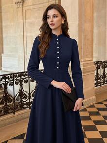 Vintamour Vintage Elegant Women's Dress With Pockets, Button Cheongsam Collar, New Chinese Style Casual Commute Vacation Holiday Dress - Navy Blue - View 5