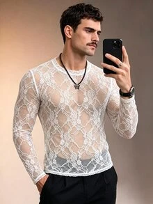 ZURIURI Men's Elegant Casual Lace Sheer Long Sleeve T-Shirt - White - View 5