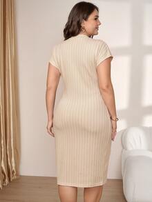 Comfylo Plus Size Women's Striped Knot Casual Daily Summer Dress - Apricot - View 2