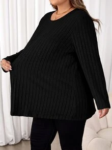SHEIN CURVE+ تي شيرت نسائي مقاس كبير بتفاصيل ختم الحروف والوصل الخريف - الأسود - مشاهدة 5