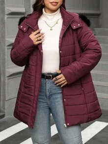 SHEIN Clasi 大尺碼女款純色休閒百搭冬季連帽填充外套 - 酒紅色 - 查看 1