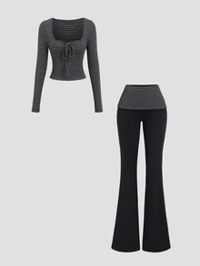 Sweetra Early Autumn Slim Fit Striped Square Neck Long Sleeve Top And Cropped Flare Pants 2 Pieces Set, Versatile Drapey Style - Black - View 7
