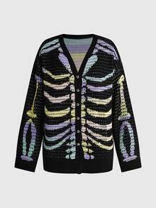 ROMWE Goth Women's Skull Gradient Long Sleeve Single-Breasted Knit Cardigan - Multicolor - View 1