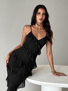 Aloruh Women's Spring/Summer Bohemian Ruffle Trim Slim Fit Dress - Black - View 3