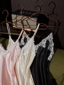 SilkySpell Women's Sexy Faux Silk Lace V-Neck Camisole Nightgown 3-Color Set - Multicolor - View 5