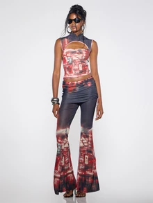 MUSERA Red Contrast Mesh Foldover Ruched Trouser Fall Winter Festival Cool Women Outfit - Multicolor - View 5