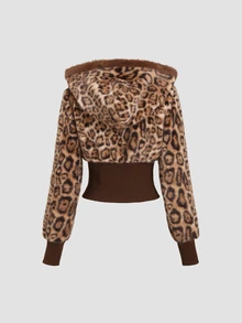 Sweetra Women's Leopard Print Patchwork Faux Fur Hooded Zip-Up Short Coffee Color Sweatshirt Jacket - Coffee Brown - View 2