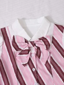 SHEIN 女款 2 合 1 套裝，拼接泡泡袖，粉色與白色條紋，單排扣，領口蝴蝶結，百褶迷你裙，校園秋季休閒風 - 彩色 - 查看 4