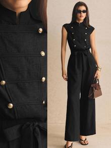 Poéselle Women's Solid Color Casual Daily Wear Jumpsuit - Black - View 2