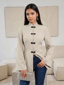 Veilorie Women's Long Sleeve Arabic Style Top With Frog Button Design - Khaki - View 9