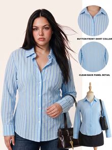 SHEIN EZwear Plus Size Casual Striped Single-Breasted Long Sleeve Shirt - Multicolor - View 2