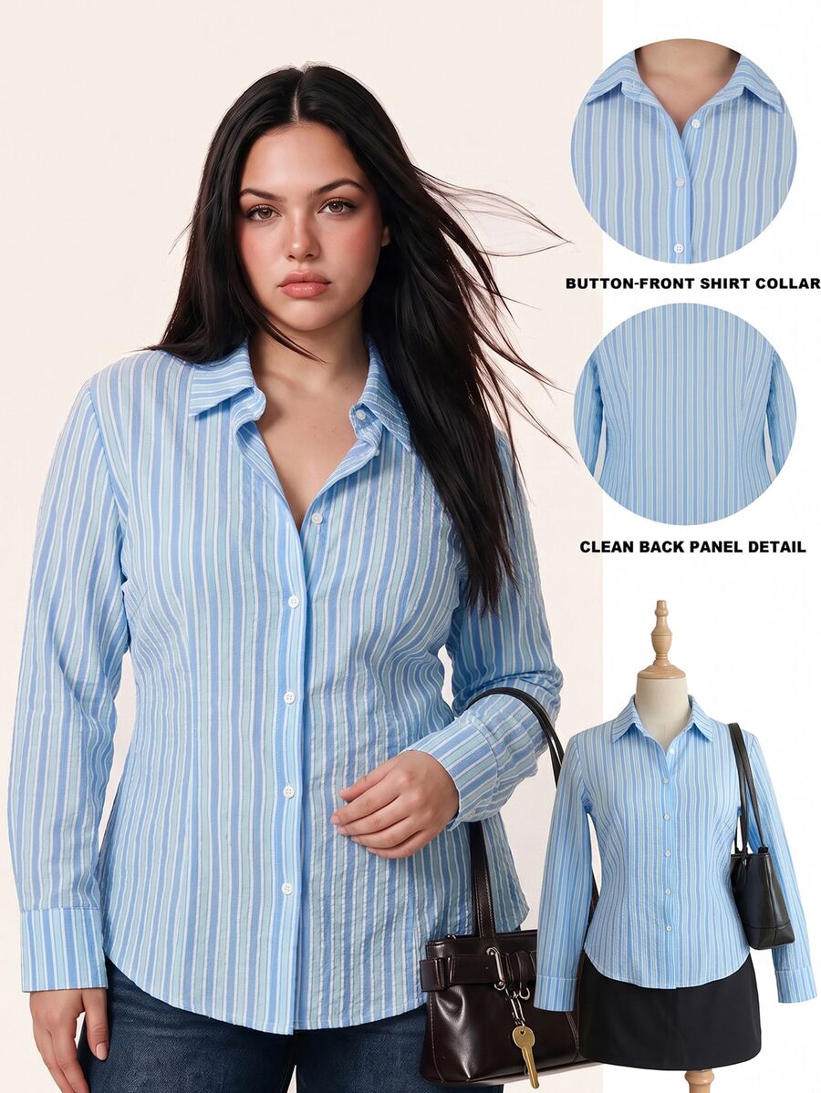 SHEIN EZwear Plus Size Casual Striped Single-Breasted Long Sleeve Shirt - Multicolor - View 1
