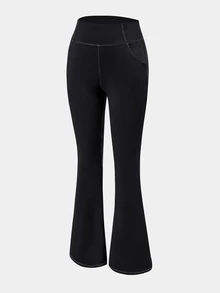 Eassivo Women's Solid Color High Waist Daily Fitness Flare Leggings - Black and White - View 3