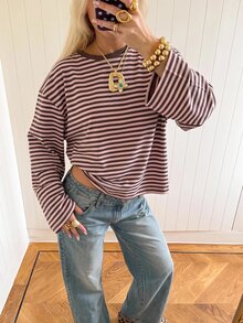 SHEIN EZwear Overseas 大尺碼長袖條紋圓領T恤，秋季上衣，適合日常通勤、聚會、秋冬春夏、聖誕節、新年、感恩節、派對、婚禮、海灘、畢業典禮、優雅、外出、約會、通勤、情人節、優雅、度假、Y2K、畢業典禮等場合 - 彩色 - 查看 3