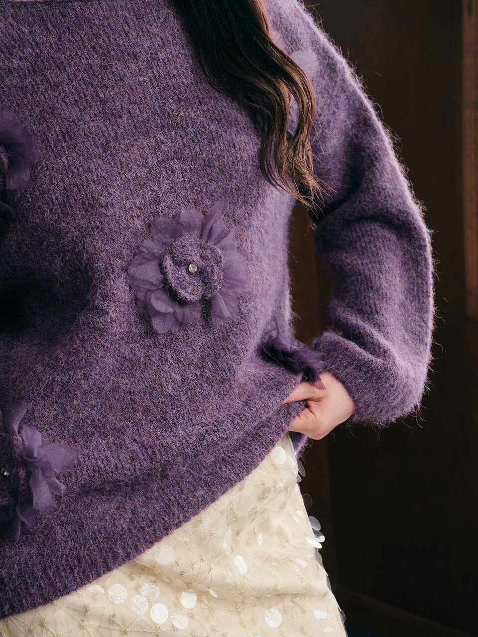 French Autumn/Winter High-End Fashion Design Elegant Sophisticated Evening Style Heavy Embroidery 3D Floral Bowknot Round Neck Knit Sweater