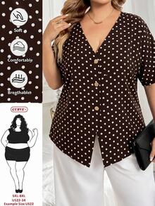 SHEIN CURVE+ Plus Size Autumn Casual Polka Dot Batwing Sleeve Open Collar Button Decor Shirt - Multicolor - View 2