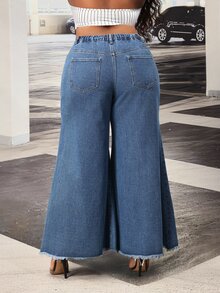 Slaydiva Plus Size Women's Non-Stretch Raw Edge Pocket Wide Leg Denim Jeans - Dark Wash - View 2