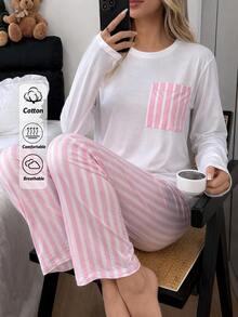 SHEIN طقم بيجامة تي شيرت بجيوب وبنطال بخطوط وردية متباينة - وردي - مشاهدة 1