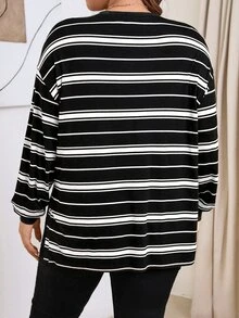 SHEIN LUNE 大尺碼秋冬休閒拼接條紋落肩側開衩T恤度假穿搭 - 彩色 - 查看 2