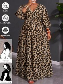 SHEIN CURVE+ فستان حفلة كاجوال بطبعة نمر بياقة على شكل حرف V للنساء ذوات الأحجام الكبيرة - متعدد الألوان - مشاهدة 1
