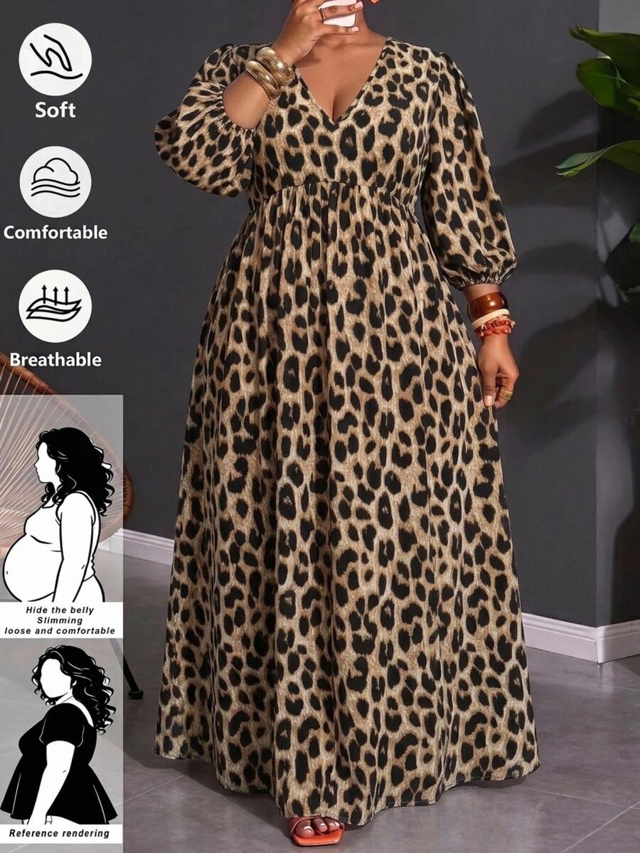 SHEIN CURVE+ فستان حفلة كاجوال بطبعة نمر بياقة على شكل حرف V للنساء ذوات الأحجام الكبيرة - متعدد الألوان - مشاهدة 1