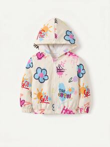 SHEIN 女嬰可愛休閒粉色花卉圖案連帽秋季外套 - 彩色 - 查看 2