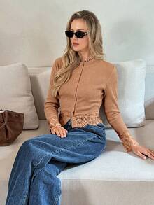 Serisse Women's Fashion Korean Style Lace Patchwork Button Long Sleeve T-Shirt - Camel - View 8