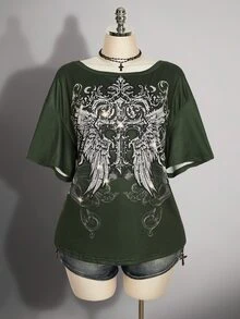 SHEIN CURVE+ 深綠色布料骷髏印花上衣，2026夏季常規大尺碼 22W 女款萬聖節服裝，適合夜晚外出、度假、Y2K、Kawaii、90年代風格 - 軍綠色 - 查看 3