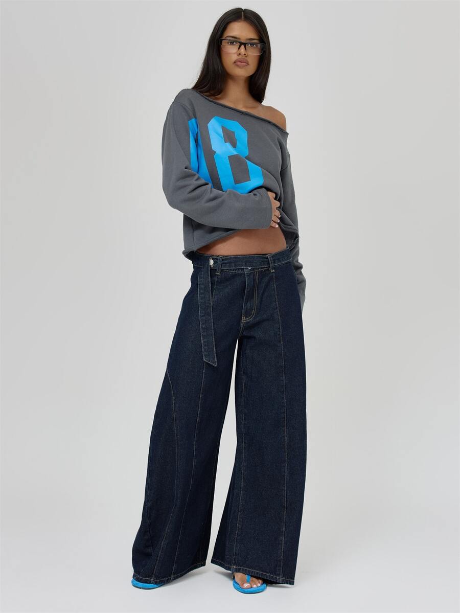 MUSERA Blue Denim Belted Wide Leg Jeans Fall Autumn Winter Coolgirl Back To School Blancs - Flint Stone - View 1