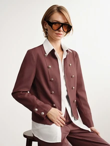 Briarwyn Jaket Blazer Kasual Gaya Napoleon Warna Polos untuk Wanita, Musim Dingin - Coffee Brown - View 7