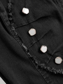 SHEIN MOD 女款休閒修身彈性短袖拼接牛仔上衣 - 黑色 - 查看 4