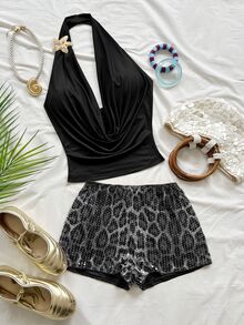 Soleia Women's Solid Color Metal Decor Halter Top And Leopard Print Shorts Casual Daily 2 Pieces Set - Grey - View 6