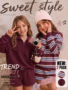 SHEIN Sparklyn طقم من قطعتين من الفليس للفتيات المراهقات، سويت شيرت بولو بسحاب ربع مخطط وسادة، بتصميم ريترو للخريف والشتاء - عنابي اللون - مشاهدة 3