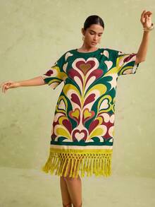 LOTSLUV Women's Spring/Summer Vacation Casual Heart Floral Print Round Neck Loose Short Sleeve Patchwork Tassel Trim Short Dress - Multicolor - View 4