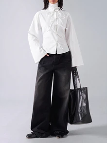 LYSMO Women's Solid Color Front Tie Long Sleeve Casual Fashion Shirt - White - View 3