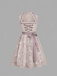Fairmaia New Lace Patchwork Contrast Color Design Lace Collar Waist-Cinching Slimming Elegant Beer Festival Dress - Khaki - View 6