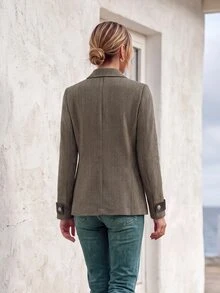 Faunlyn Blazer Tweed Motif Tulang Ikan dengan Trim Kulit Imitasi & Saku Berpenutup, Jaket Berkerah Berlekuk Satu Baris untuk Musim Dingin - Khaki - View 2